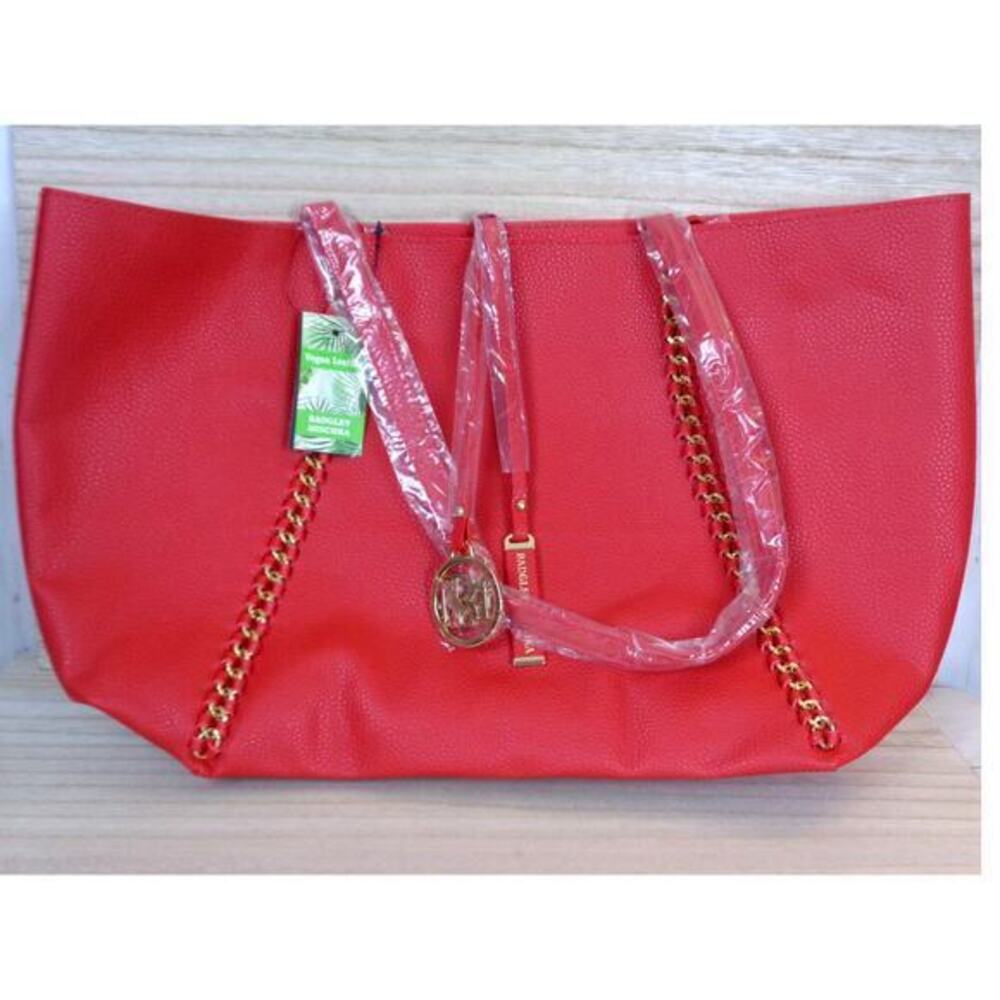 Badgley Mischka Large Tote Shoulder Bag Chain Accents Red Pebbled Vegan Leather